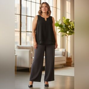 Michael Kors, Sleeveless Mixed-Media Black Blouse, Gold Logo Bar, 2X, Black